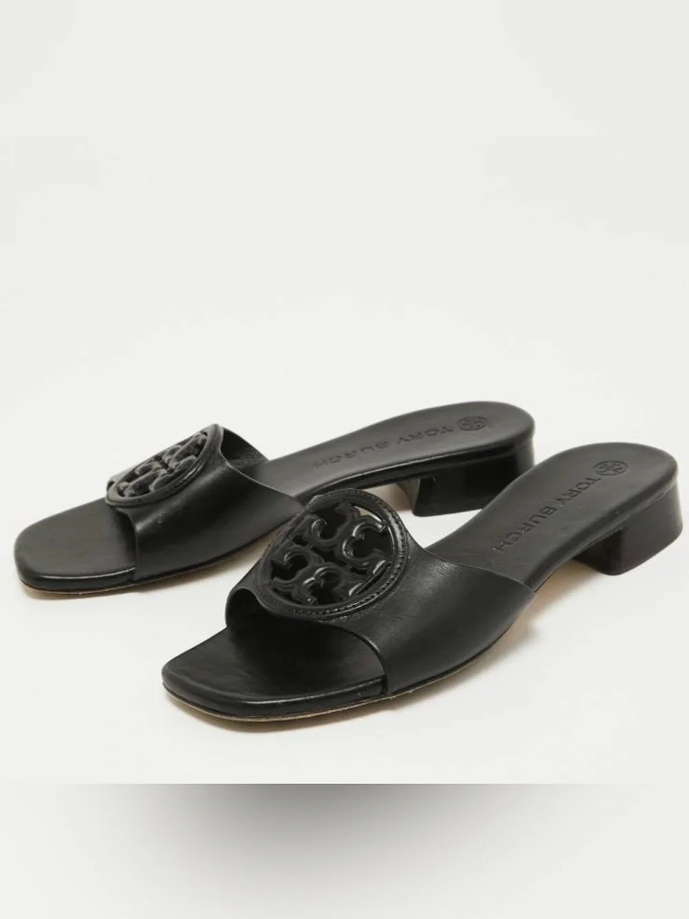 Tory Burch Bombe Black Leather Medallion Slide Sandals 10M
